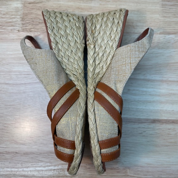 Lauren Ralph Lauren Candice Wedge Sandals Gold Linen Brown Espadrille 8.5B - Picture 4 of 10